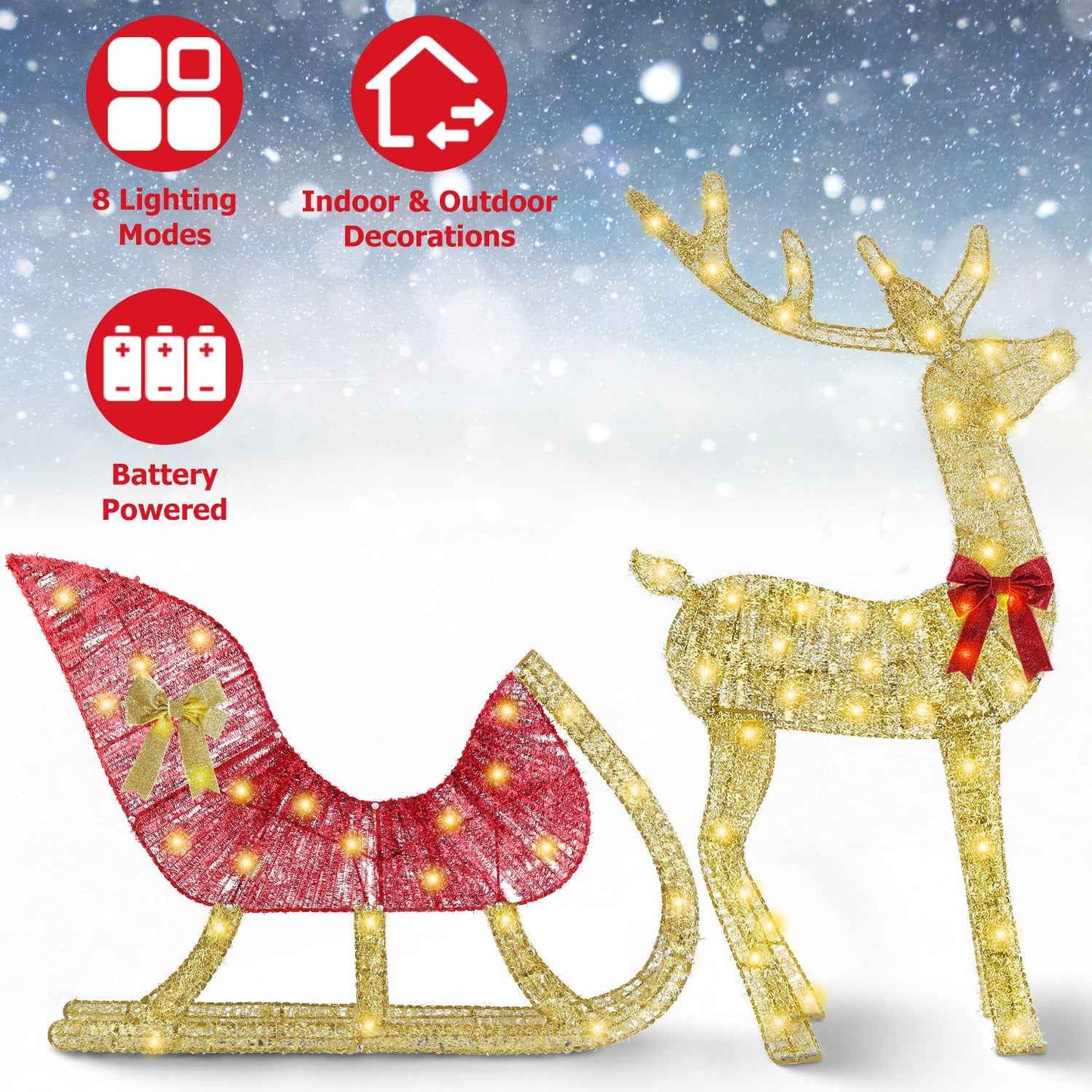 Lighted Christmas Reindeer & Sleigh - Indoor Outdoor Decoration with 8 Lighting Modes