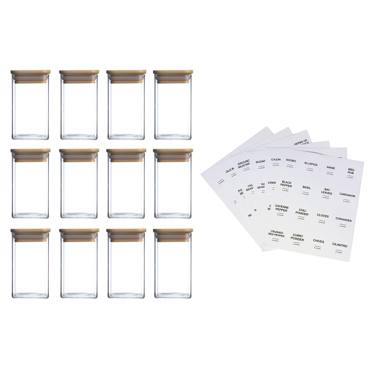 Square Spice Jars Set - 12 Piece with 72 Labels for Coffee, Tea & Kitchen Seasonings