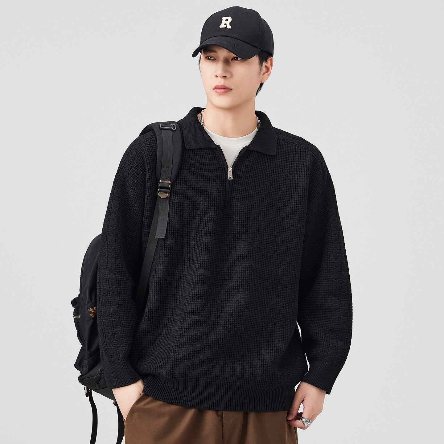 Half-collar High-end Lapel Men's Solid Color Versatile Sweater