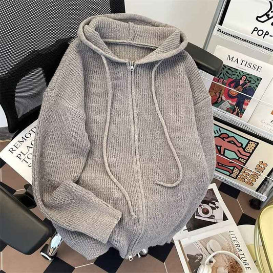 American Retro Simple Solid Color Hooded Sweater Women's Loose