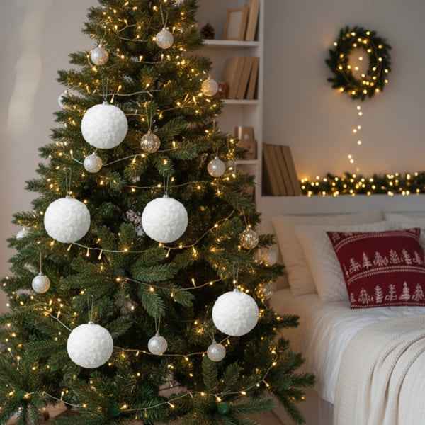 6PCS Cream Ruffle Christmas Ball Ornaments - White Polyester Hanging Tree Decorations (4 inch) - DropOnline.co