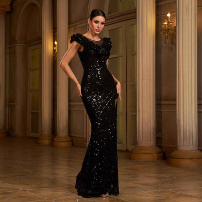 Sleeveless Round Neck Sequins Slim Fit Slit Evening Gown