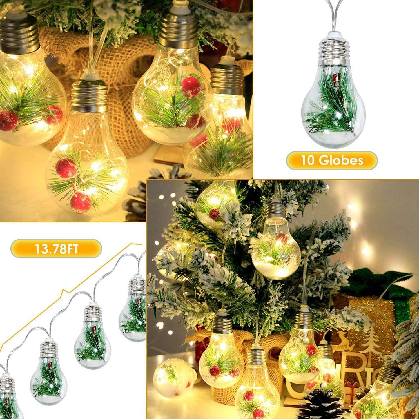 1Pc 13.78FT Christmas Snow Globe String Light Battery Powered 10 LED Bulbs Indoor Christmas Lights With Pine Needles Snowflakes Berries - DropOnline.co