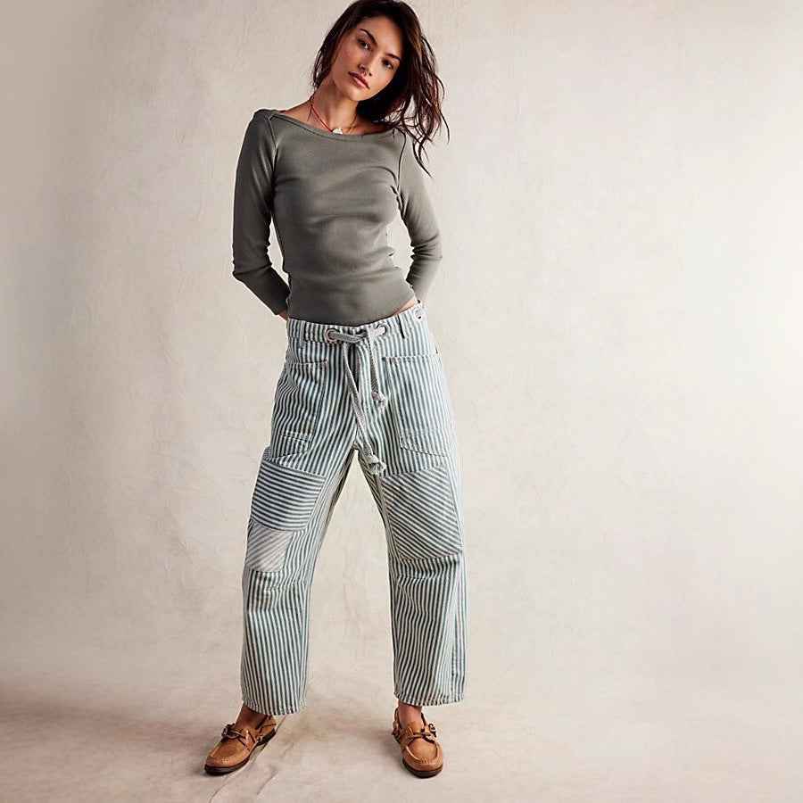 Fashion Commuter Casual Loose Wide Leg Striped Stitching Drawstring Pocket Trousers