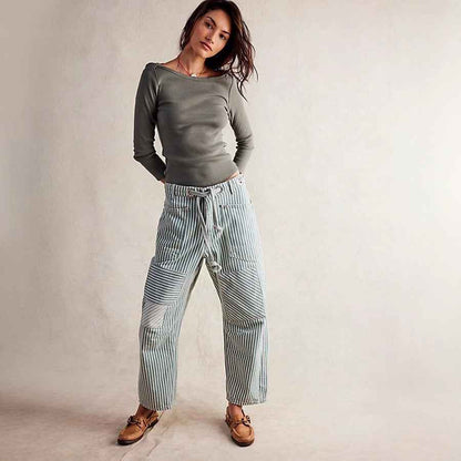 Fashion Commuter Casual Loose Wide Leg Striped Stitching Drawstring Pocket Trousers