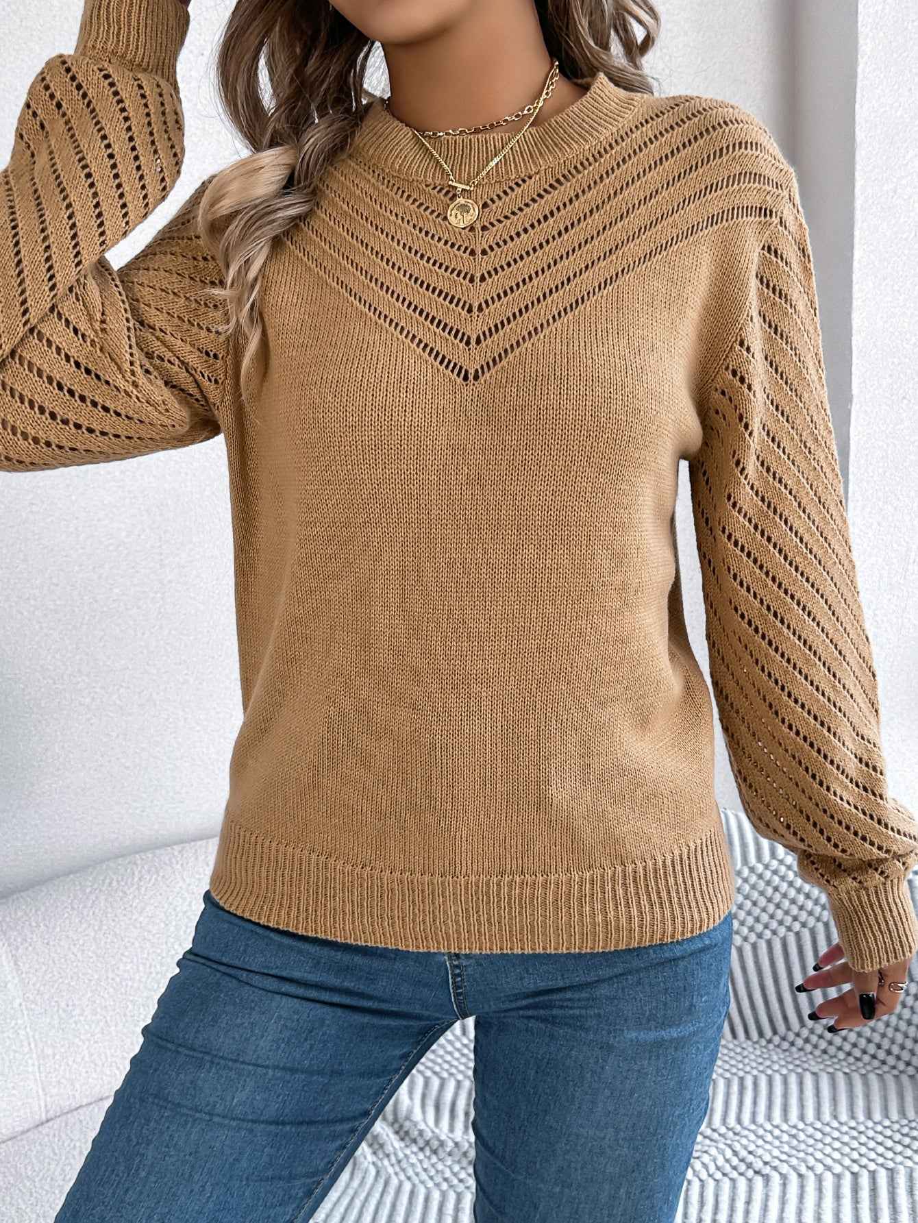 Women Casual Solid Color Crew Neck Hollow Out Lantern Sleeve Sweater