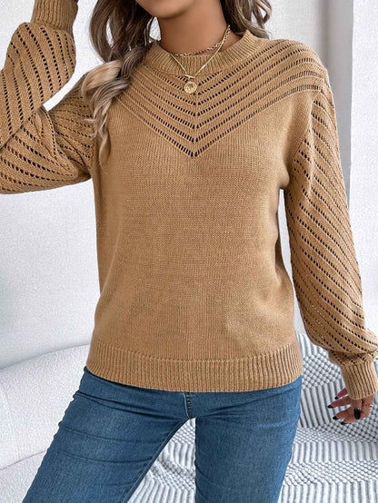 Women Casual Solid Color Crew Neck Hollow Out Lantern Sleeve Sweater