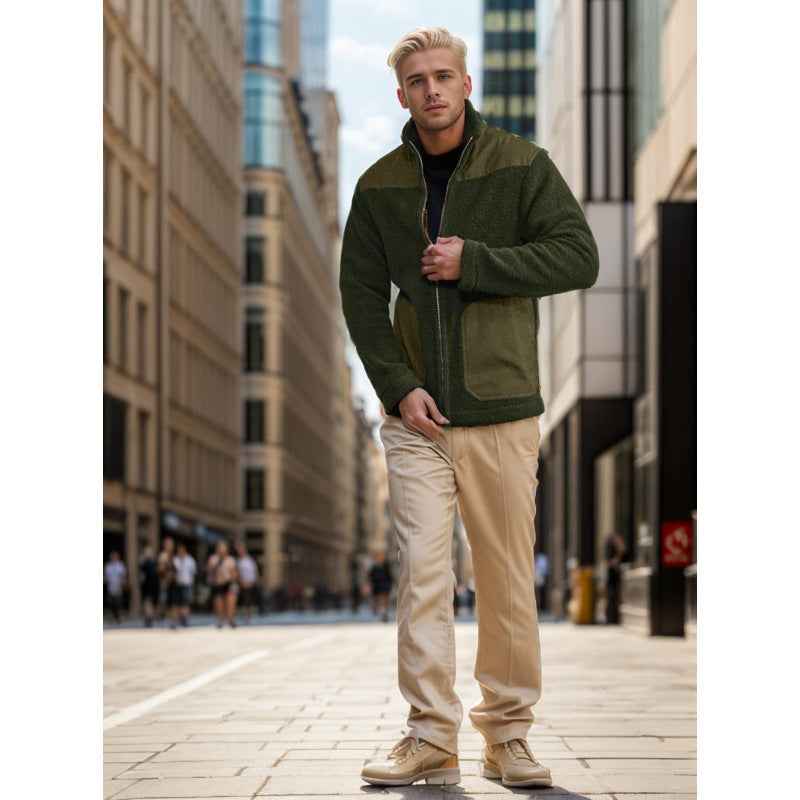 Men's Fleece Patchwork Color-Block Stand-Up Collar Fashion Jacket