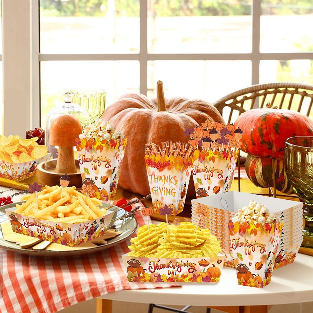 134 Pcs Thanksgiving Party Tableware Set - Pumpkin Plates, Popcorn Boxes & Fall Cocktail Picks