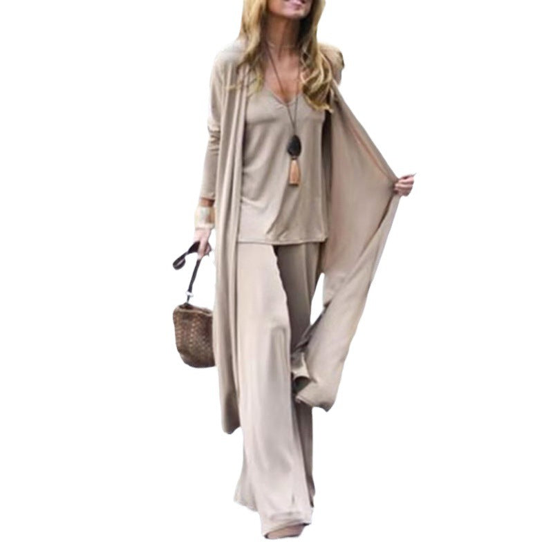 Loose Plain-Color Three-Piece Collar Halter-Neck Dress - Casual Chic Style