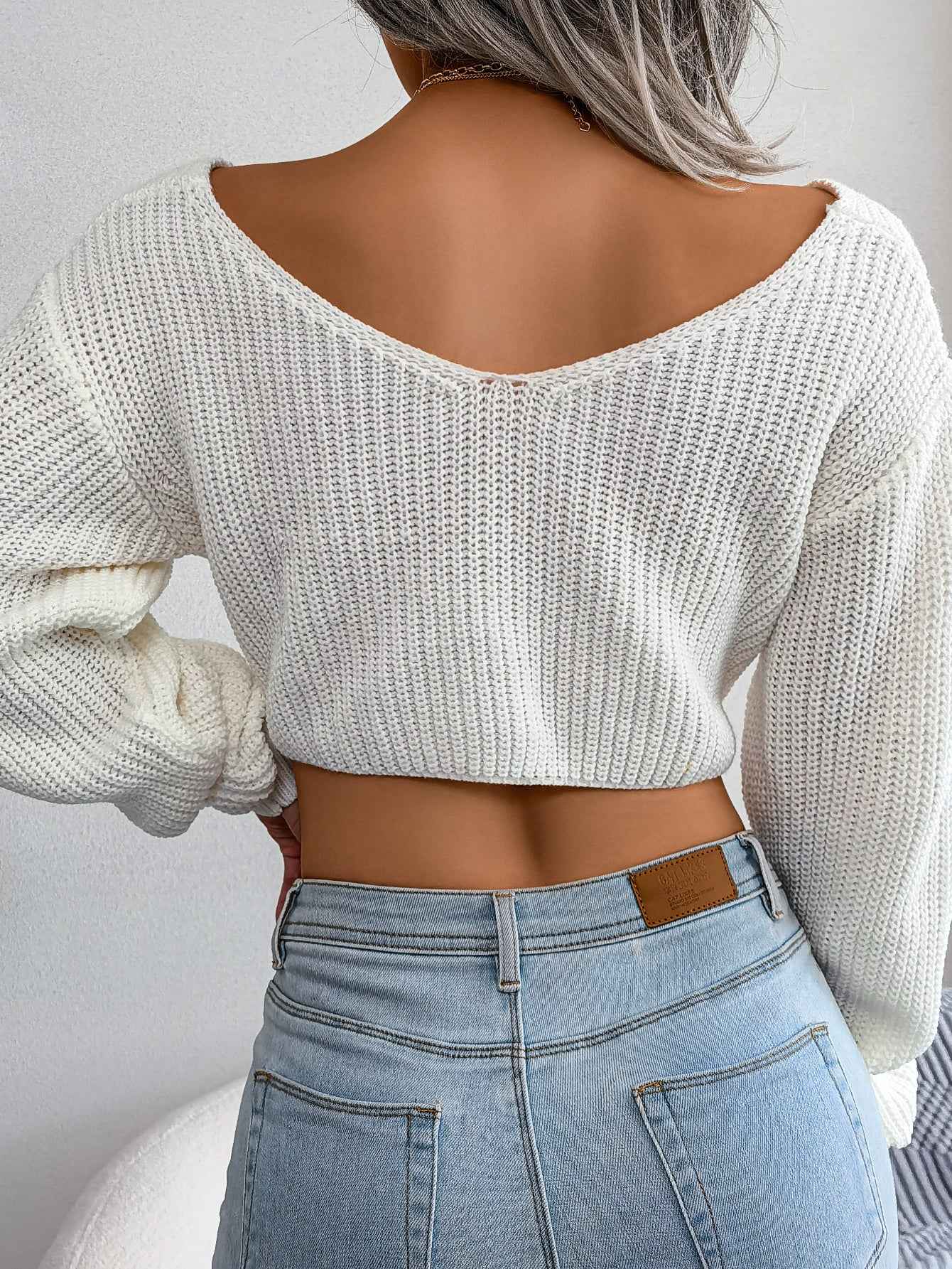 Women Long Sleeve Tie-Front Cropped Knit Sweater