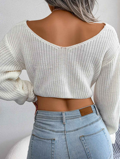 Women Long Sleeve Tie-Front Cropped Knit Sweater