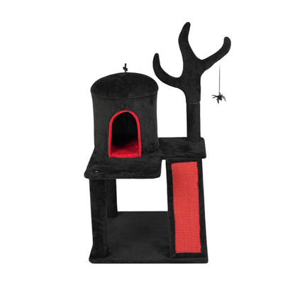Gothic Cat Tree, Halloween Cat Tower Cat Tree With Spacious Cat Condo, Brach Shaped Scratching Post, Scratching Ladder, Spider Toy For Indoor Cats, Red & Black - DropOnline.co