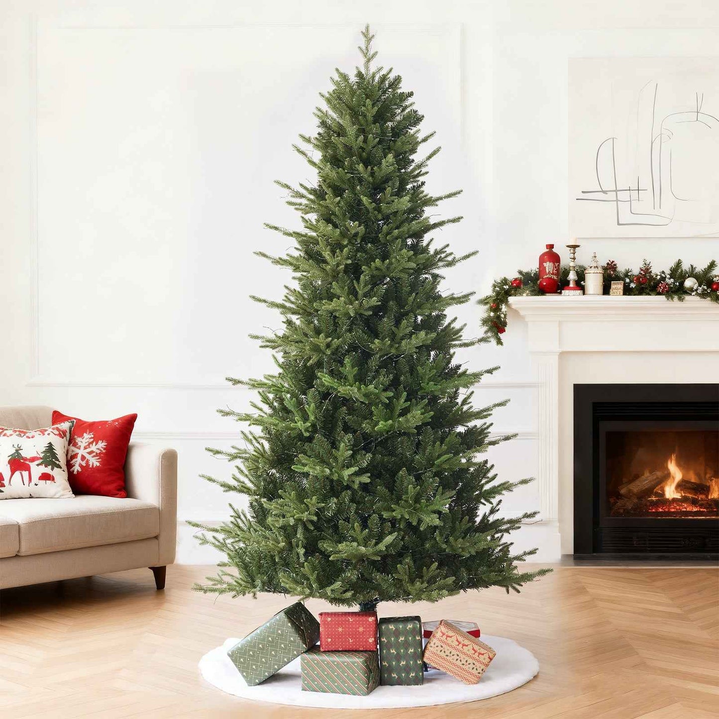 Fraser Slim Fir 7.5ft Christmas Tree Pre-Lit Artificial With 3,429 Branch Tips & 792 Low-Voltage Warm LED Lights, Foldable Stand & Realistic Flame-Resistant Branches