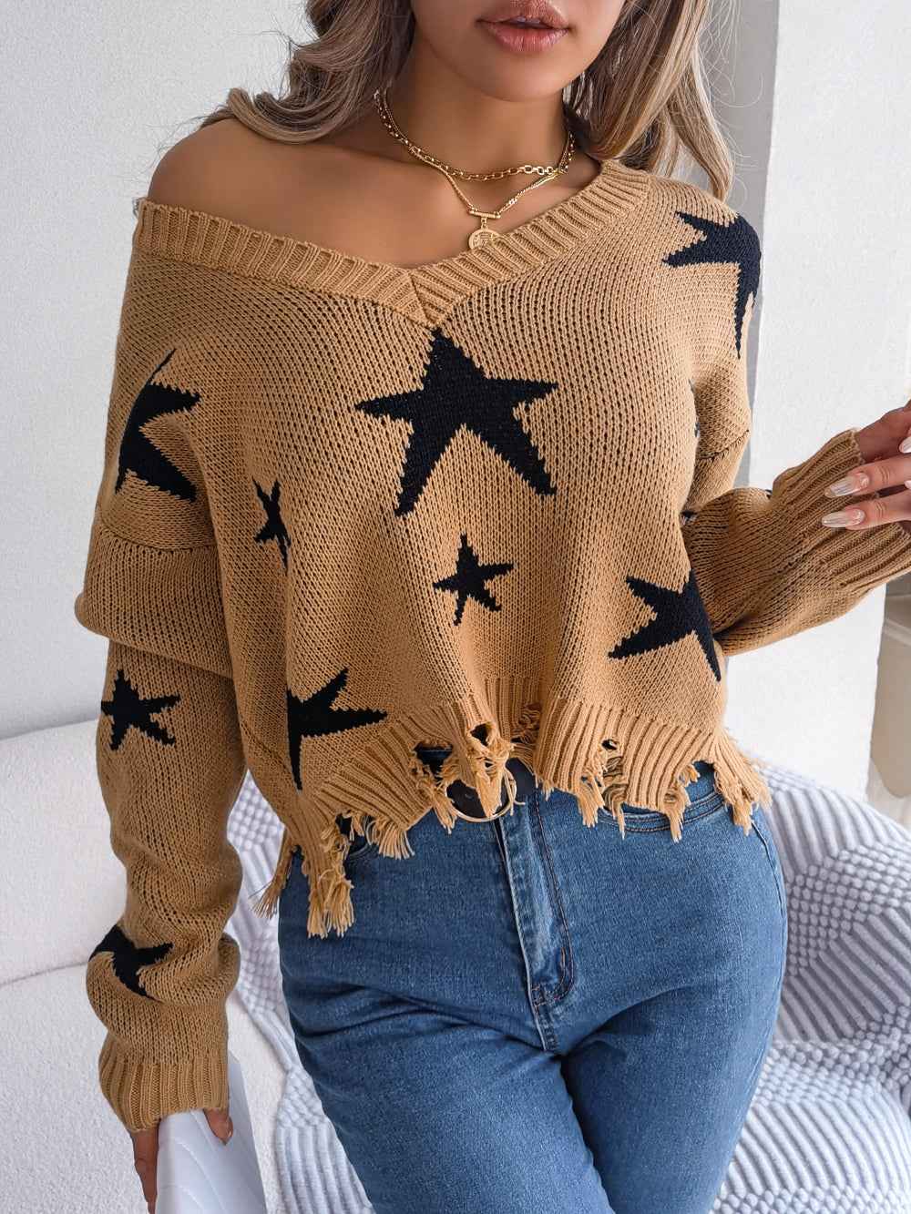 Women Casual V-Neck Star Distressed Long Sleeve Knit Sweater