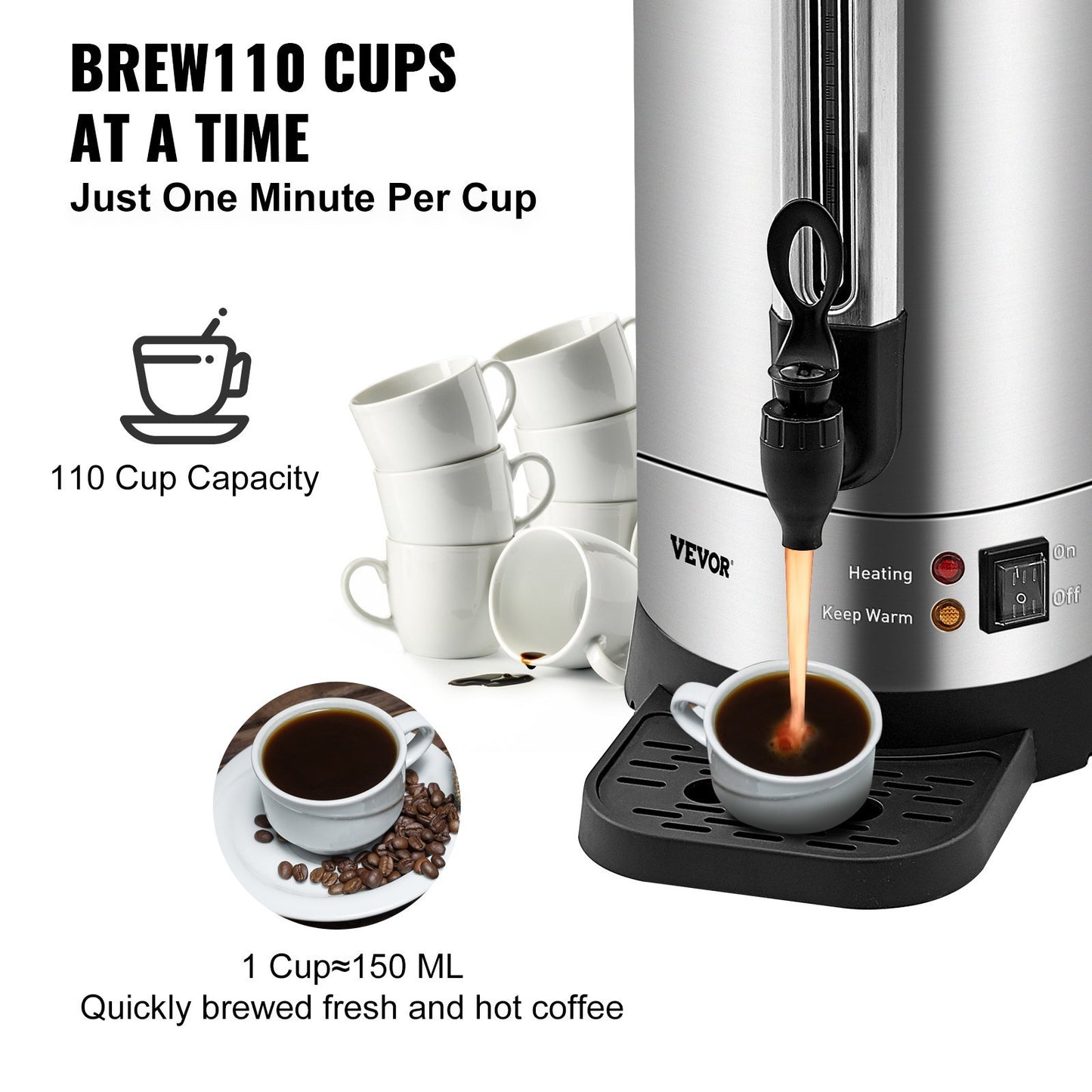 VEVOR Commercial Coffee Urn - 110 Cup Large Stainless Steel Dispenser