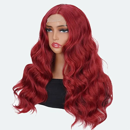 Elegant 24 Inch Red Wavy Synthetic Wig For Women, 4x1 Front Lace, High Temperature Fiber, Middle Part, Natural Look, Breathable, Comfortable, Versatile For Cosplay & Daily Use, All Ethnicities - DropOnline.co