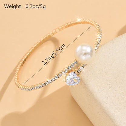 Women's Pearl Heart Full Diamond Bracelet Elastic Jewelry - DropOnline.co