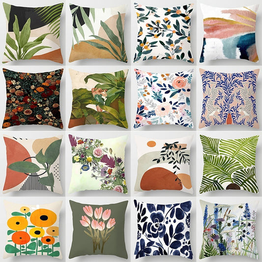 Floral Plant Pattern Cushion Cover - Botanical Bedroom Decor Throw Pillow Case