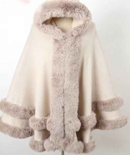 Loose Fur Collar Shawl, Cold-proof Fleece-lined Thick Coat