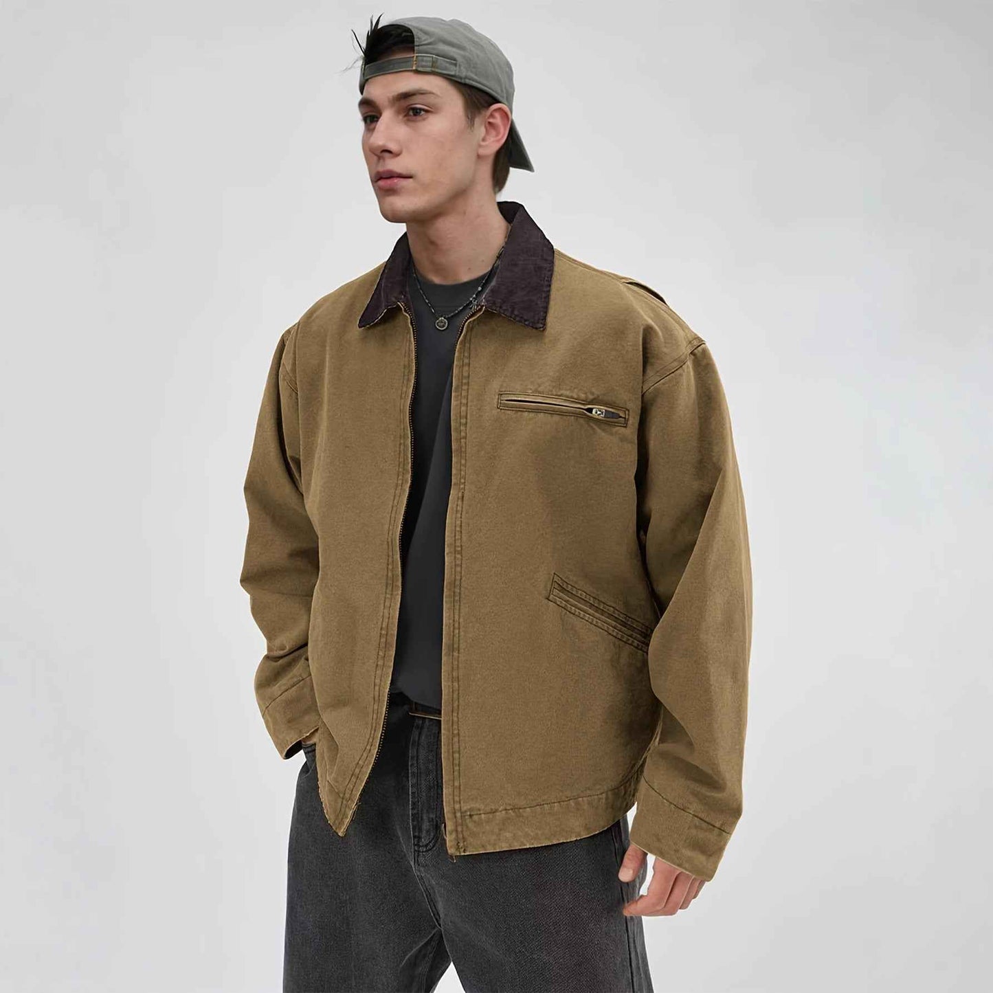 Men's Tooling Washed Jacket Spring And Autumn Color Turn-down Collar Coat