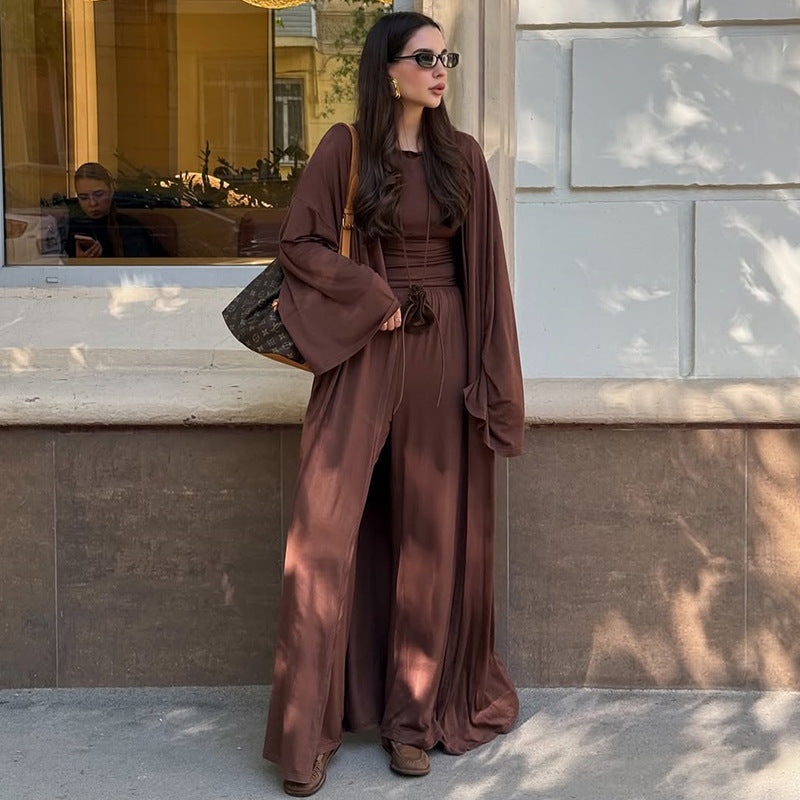 Women's Casual 3-Piece Set - Long Sleeve Coat, T-Shirt & Pants