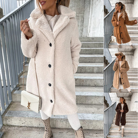 Women's Long-Sleeved Lapel Plush Jacket - Cozy Fashion Minimalist Top