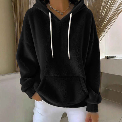Women's Solid Color Lamb Fleece Lined Versatile Sweatshirt For Autumn And Winter