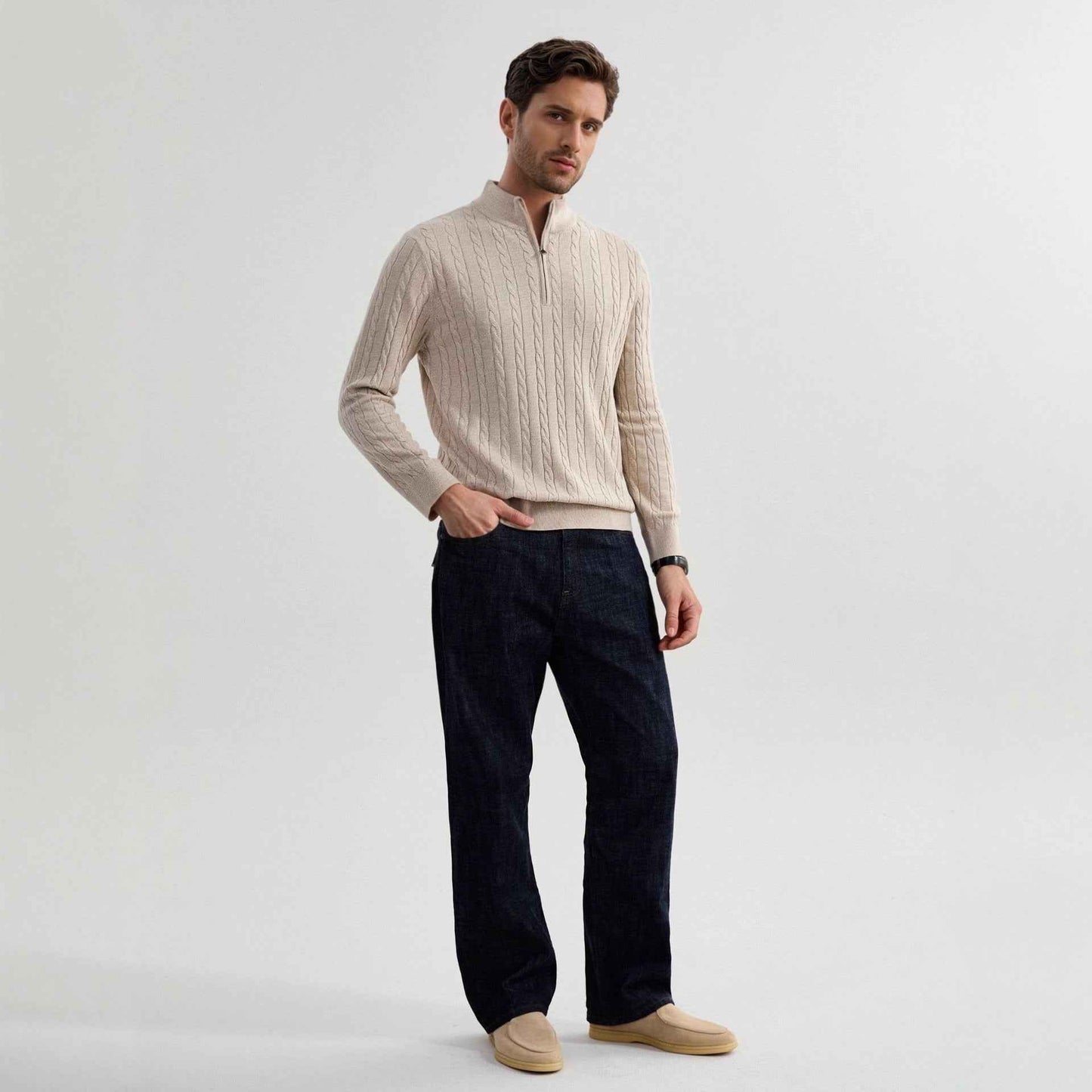 American Old Money Style Stand Collar Twisted Men's Casual Zipper Sweater