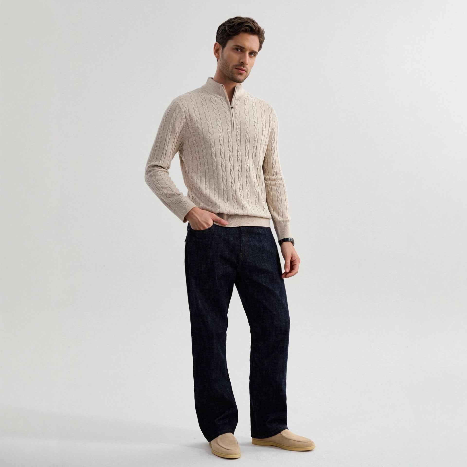 American Old Money Style Stand Collar Twisted Men's Casual Zipper Sweater