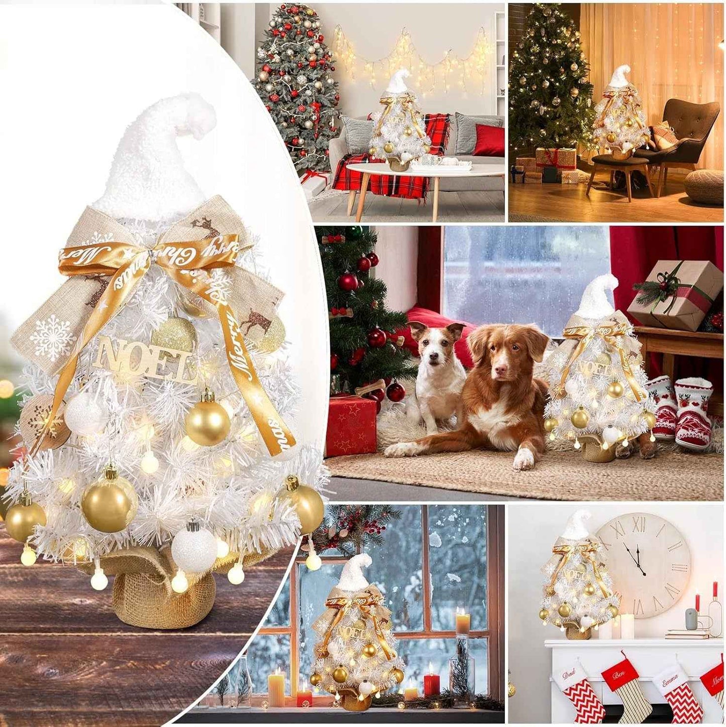 24-Inch Snowy Christmas Tree - Golden Balls, Ribbons & Festive Hat - DropOnline.co