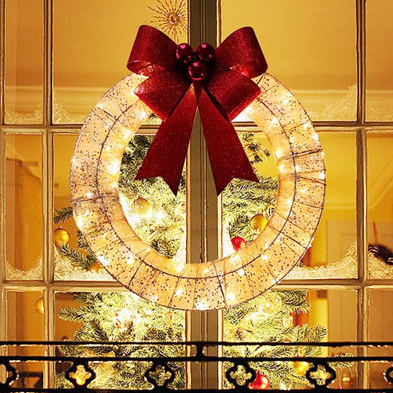 Christmas LED Wreath 50cm - Luminous Metal Garland with Bow & Warm Lights for Front Door