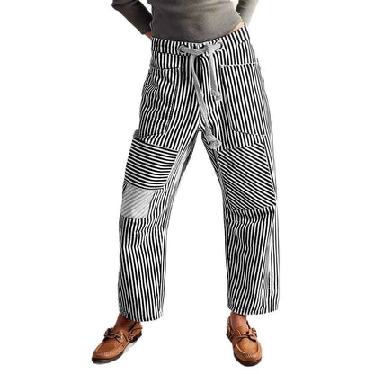 Fashion Commuter Casual Loose Wide Leg Striped Stitching Drawstring Pocket Trousers