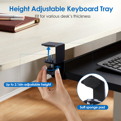 1Pc 25.59x9.64x0.51in Keyboard Mouse Tray Under Desk Retractable Slide Out Drawer Height Adjustable With C Clamp 55LBS Load - DropOnline.co