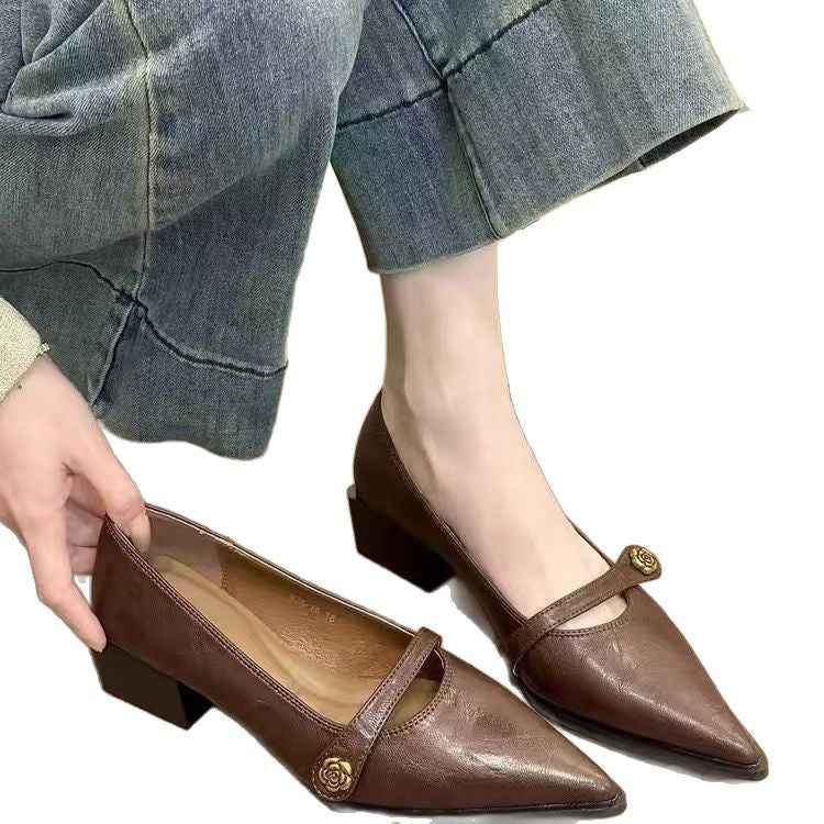 Versatile Fashion Retro Low-cut High Heels Women Camellia