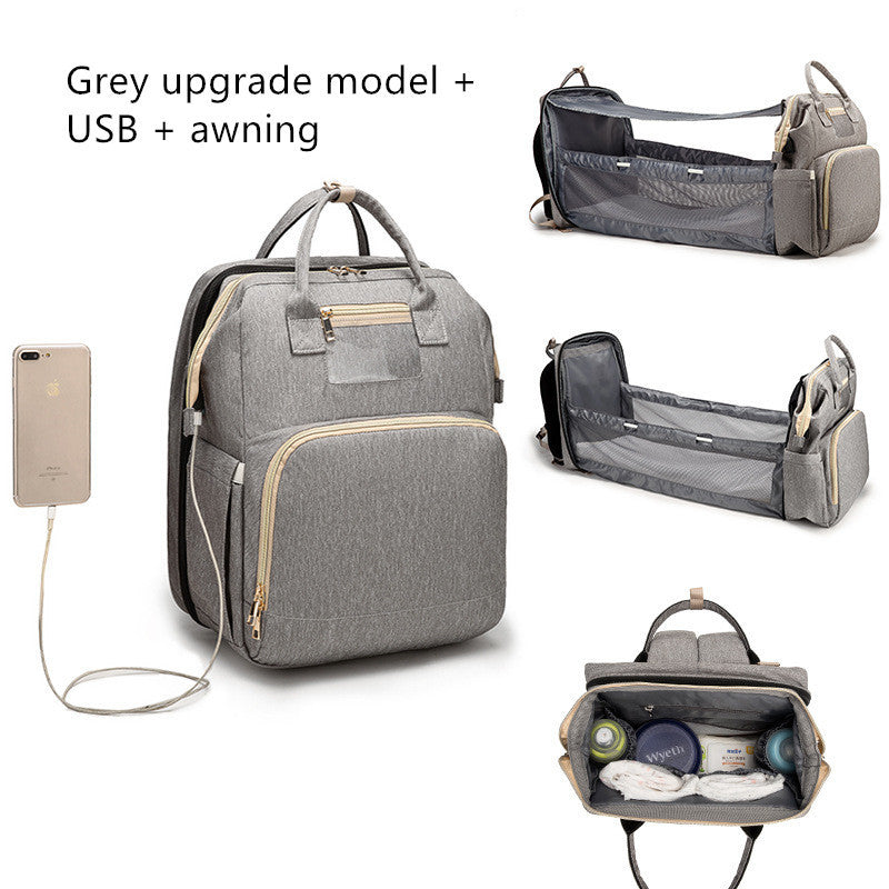 USB Charging Mommy Bed Backpack - Foldable Large Capacity Multi-Function Baby Bag