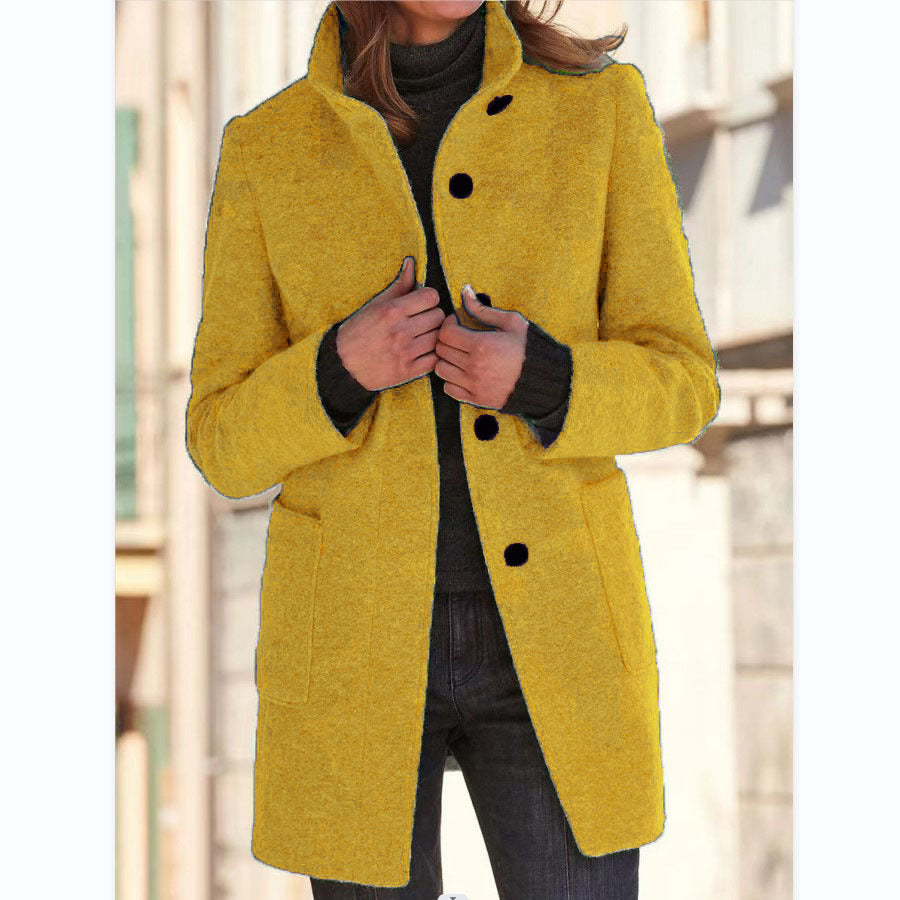 Pure Color Button Stand Collar Woolen Outwear