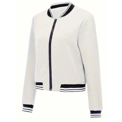 Women's Long Sleeve Contrast Trim Baseball Jacket - Casual Zip Up Sporty Top For Spring&Fall - DropOnline.co