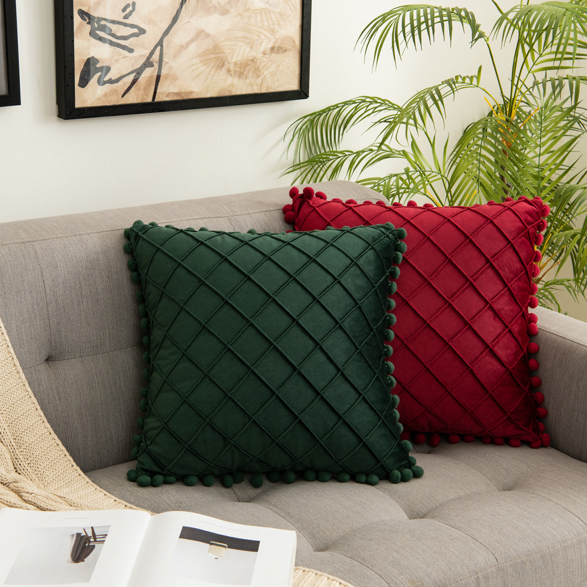 Velvet Fur Ball Decorative Pillow - Luxurious Textured Accent Cushion