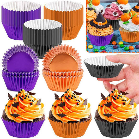 Halloween Foil Cupcake Liners - 300 Pcs Black Purple Orange Metallic