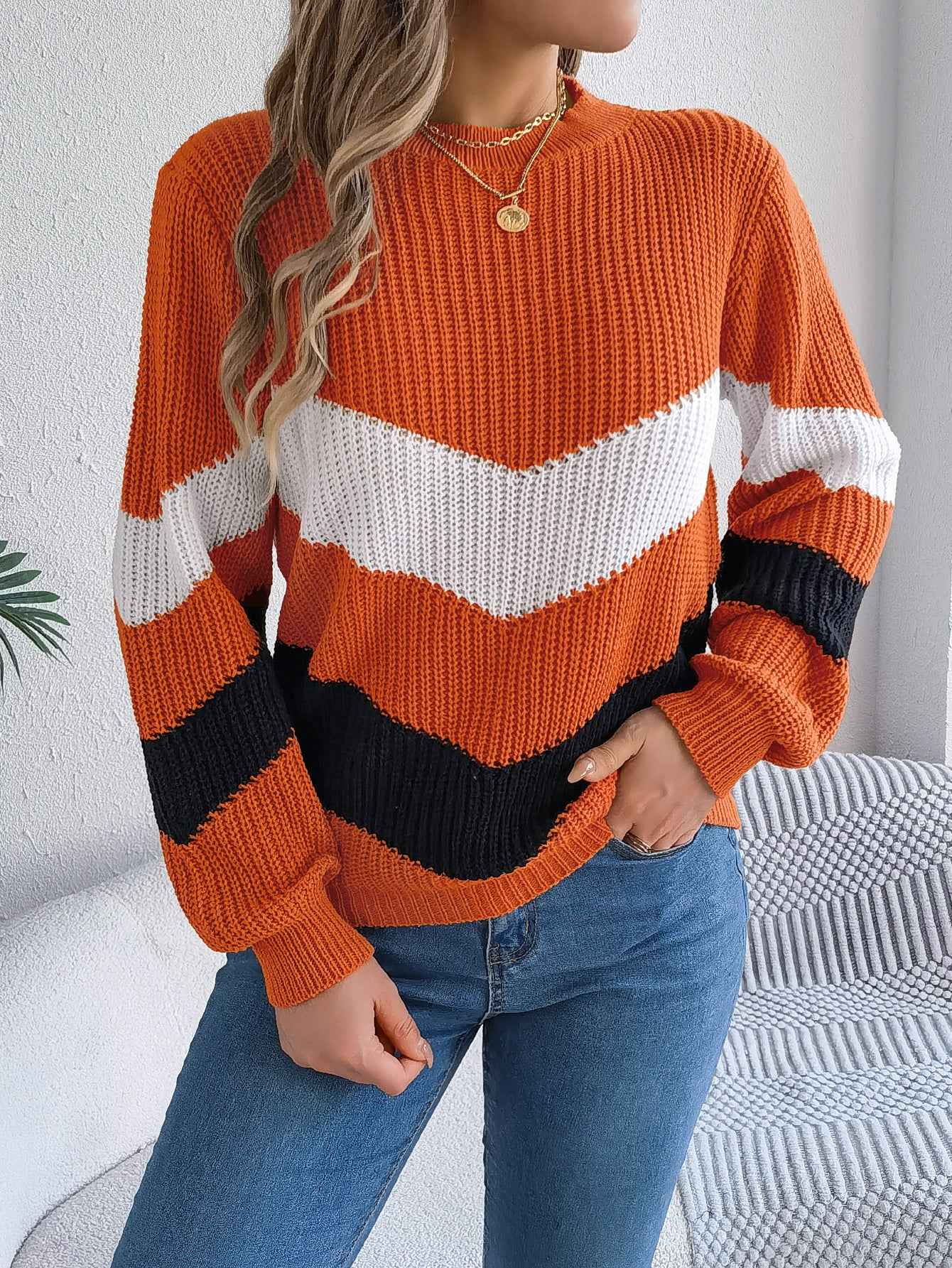 Women Casual Color Block Lantern Sleeve Pullover Sweater