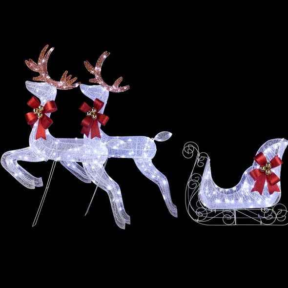 3-Piece Lighted Set - 2 Reindeer & Sleigh with 270 LED White Lights - DropOnline.co