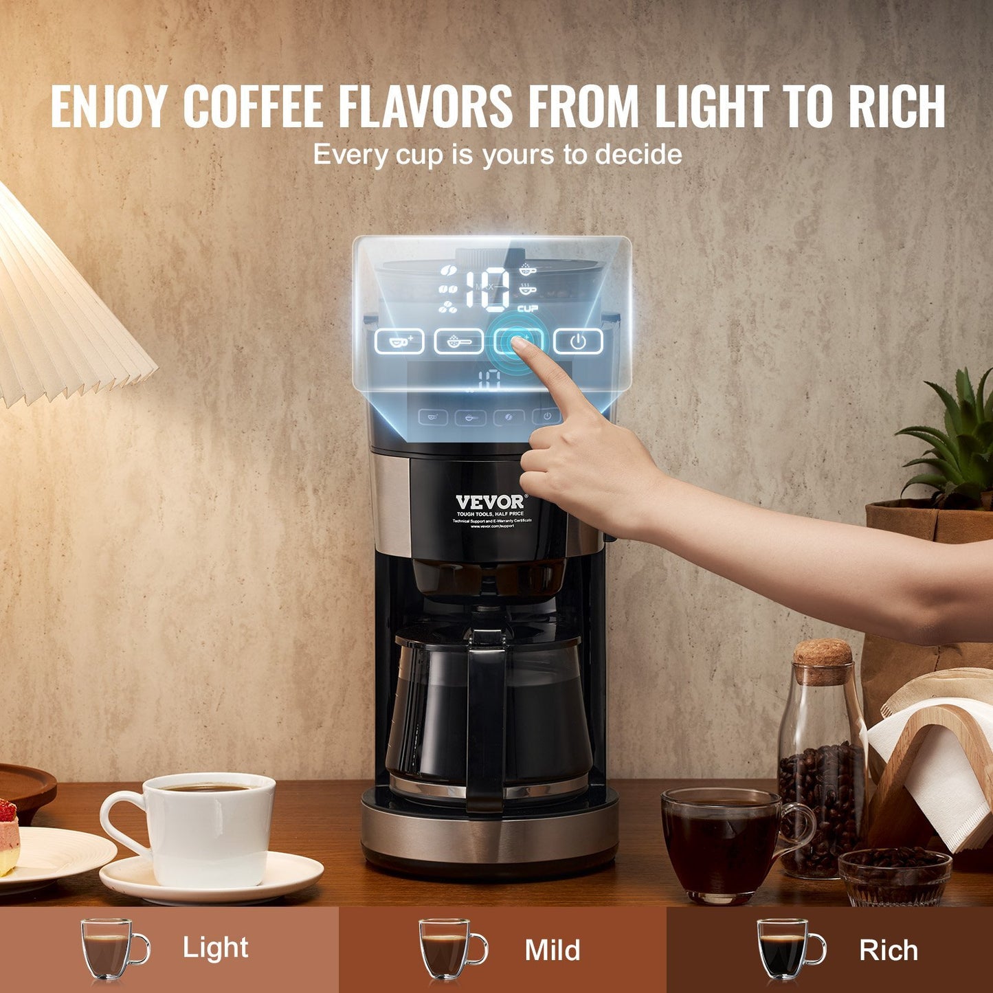 VEVOR 10-Cup Drip Coffee Machine - Professional 3 Brew Strength Control