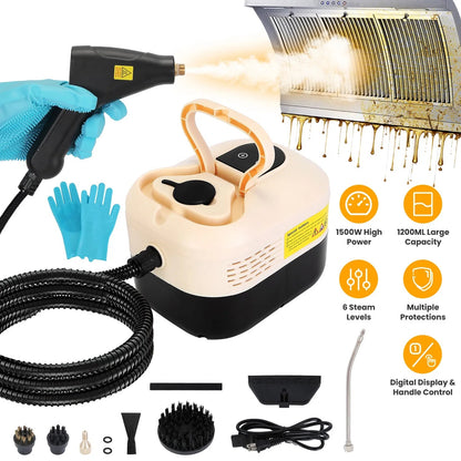 1500W Handheld High Temperature And Pressure Steamer Cleaner With 1200ML Tank 8 Accessories 6 Steam Levels Digital Display Handle Control For Dirt Grease Grout Tile Floor Couch Car - DropOnline.co