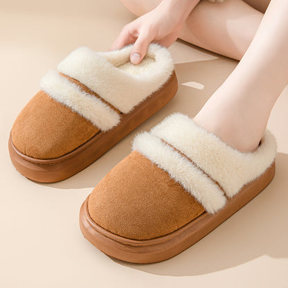 Fashion Warm Cotton Slippers For Women Leisure Thick Bottom Non-slip Plus-velvet House Shoes Winter Bedroom Floor Suede Slipper - DropOnline.co