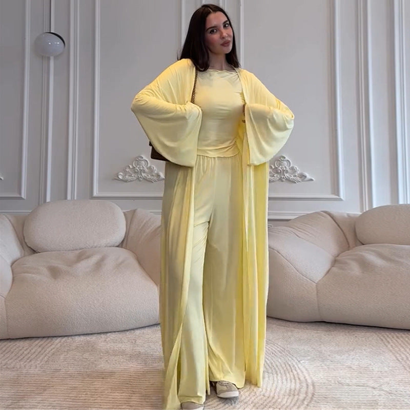 Women's Casual 3-Piece Set - Long Sleeve Coat, T-Shirt & Pants