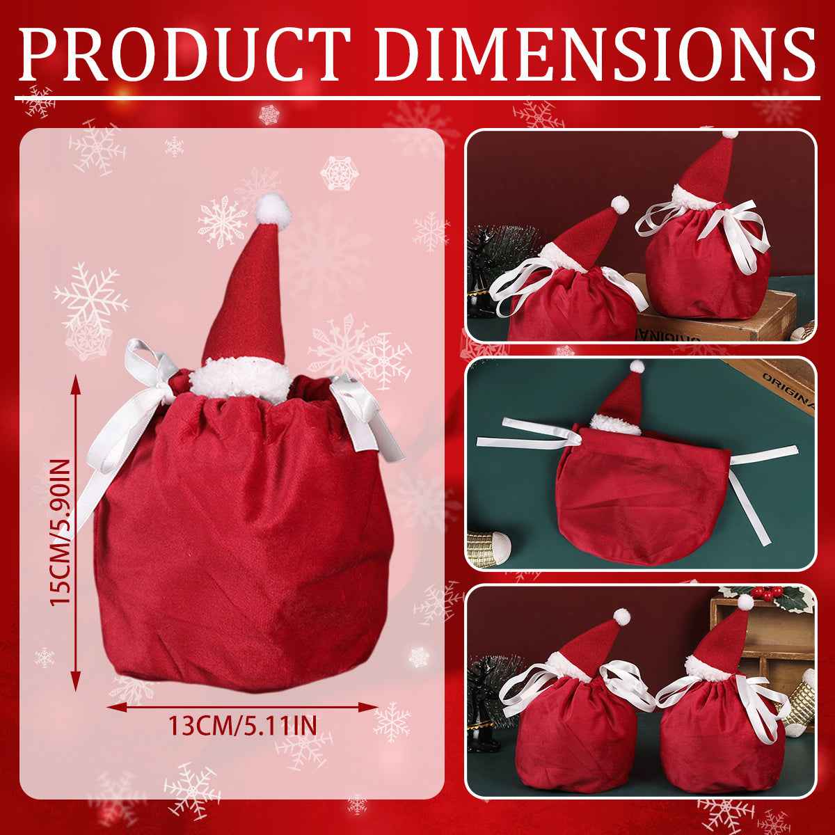 5 Packs Christmas Treat Bags with Drawstring - 3D Xmas Santa Hat Gift Bags - DropOnline.co