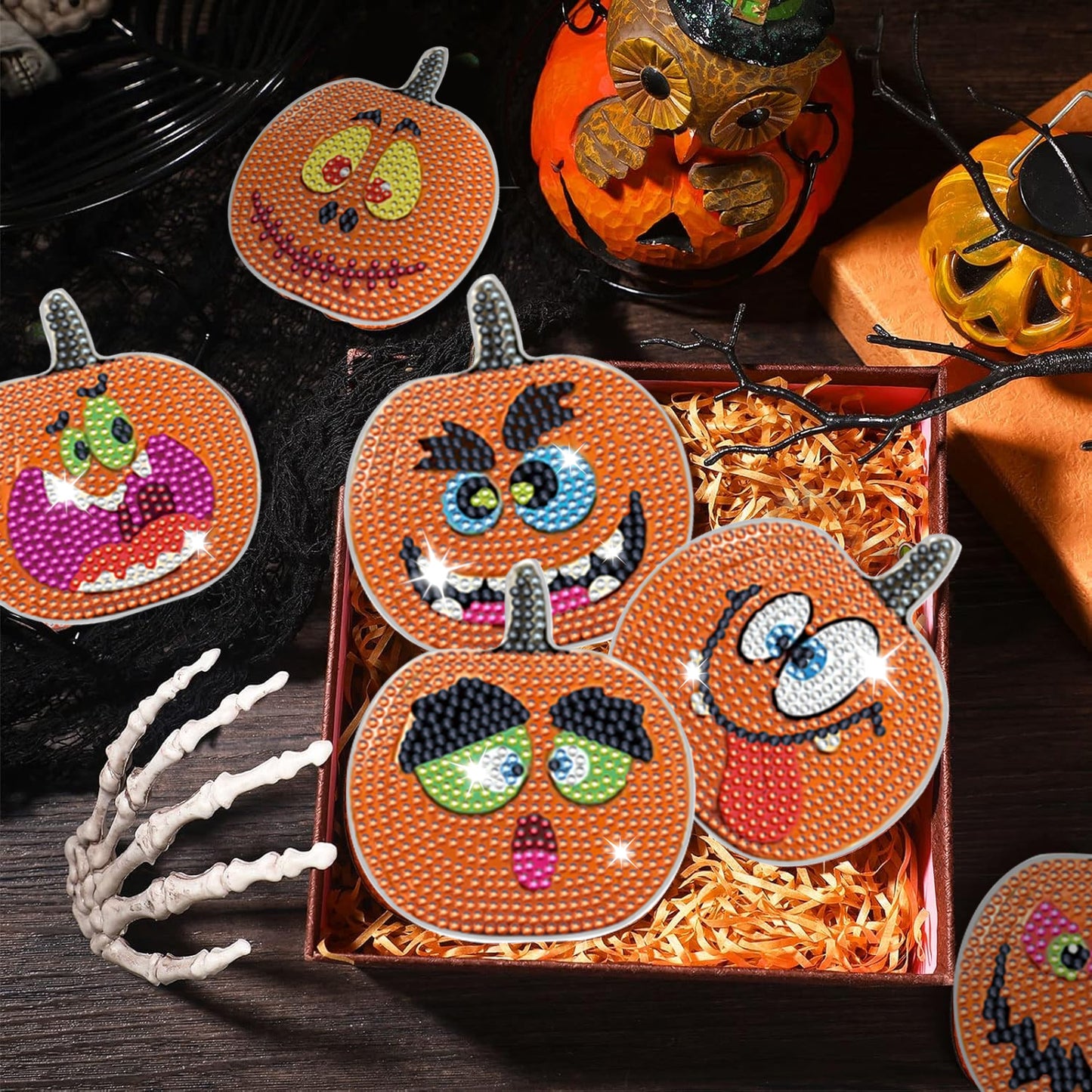Halloween Rhinestone Art Coasters - 8 Pack Decorative Drink Coasters