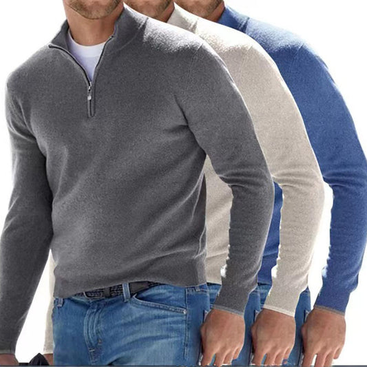 Men's Fashion Casual Long Sleeve V-Neck Cashmere Zipper Top - Premium Comfort