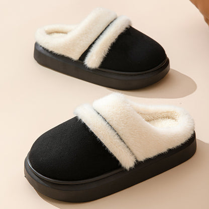 Fashion Warm Cotton Slippers For Women Leisure Thick Bottom Non-slip Plus-velvet House Shoes Winter Bedroom Floor Suede Slipper - DropOnline.co